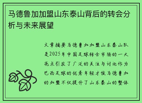 马德鲁加加盟山东泰山背后的转会分析与未来展望