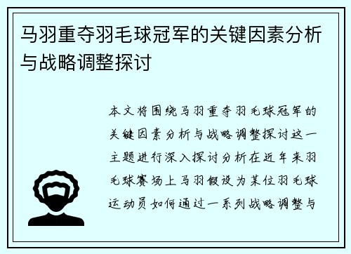 马羽重夺羽毛球冠军的关键因素分析与战略调整探讨